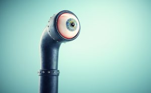 Periscope with an eye.  Discovering new opportunities. Subscriber and social media concept . This is a 3d render illustration